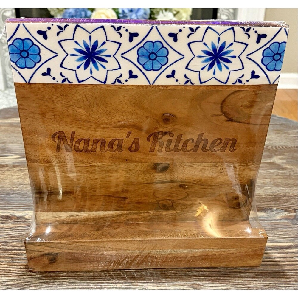Acacia Wood Cookbook Holder - Blue/White Capri Pattern  - “Nana’s Kitchen” - New